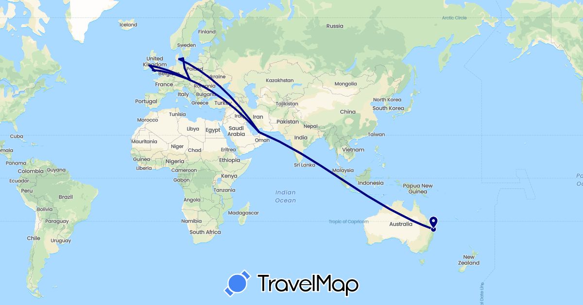 TravelMap itinerary: driving in United Arab Emirates, Austria, Australia, Germany, Denmark, United Kingdom, Ireland (Asia, Europe, Oceania)